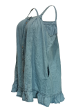 Deep Blue Casual Solid Flounce Spaghetti Strap Cake Skirt Dresses