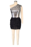 Silver Black Sexy Solid Patchwork Oblique Collar Sleeveless Two Pieces