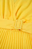 Amarelo casual sólido frênulo plissado com decote em v vestidos de manga comprida