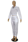 White Fashion Casual Solid Patchwork Zipper Collar Long Sleeve Two Pieces