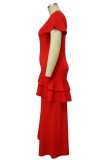 Red Casual Solid Slit O Neck Short Sleeve Dress Plus Size Dresses