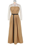 Camel Celebrities Solid Patchwork With Belt Strapless Straight Jumpsuits