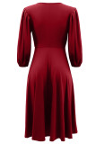 Rote, lässige, solide, ausgehöhlte A-Linien-Kleider mit V-Ausschnitt