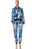 Blue Fashion Casual Print Patchwork Long Sleeve Two Pieces