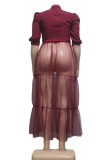 Blue Casual Elegant Solid Patchwork Buckle Fold Turndown Collar Cake Skirt Plus Size Dresses