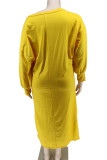 Robes droites jaunes à imprimé patchwork à col oblique