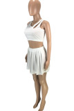 White Sexy Solid Hollowed Out Patchwork Fold Oblique Collar Sleeveless Two Pieces