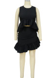 Black Sweet Solid Patchwork Asymmetrical Stringy Selvedge O Neck Sleeveless Two Pieces