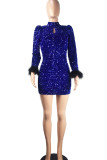 Blue Sexy Solid Hollowed Out Sequins Patchwork Feathers Pencil Skirt Dresses