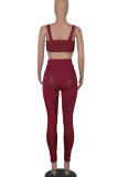 Burgundy Sexy Solid Patchwork See-through U Neck Two Pieces