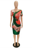 Orange Green Fashion Casual Print Tie-dye O Neck Short Sleeve Dress Plus Size Dresses