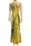 Yellow Black Sexy Print Hollowed Out Patchwork Halter Straight Dresses