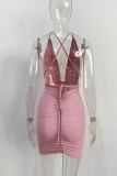 Розовые сексуальные однотонные повязки в стиле пэчворк с открытой спиной Спагетти ремень юбка-карандаш платья