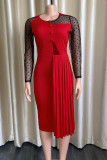 Rode casual effen patchwork gevouwen rechte jurken met ronde hals