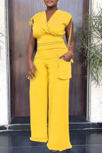 Yellow Casual Solid Patchwork V Neck Sleeveless Two Pieces