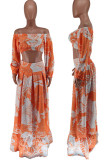 Tangerine Casual Print Patchwork Off the Shoulder Half Sleeve Two Pieces