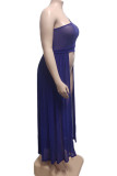 Royal Blue Casual Solid Patchwork See-through Oblique Collar Straight Plus Size Dresses