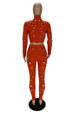Tangerine Red Sexy Street Solid Hollow Out Patchwork Zipper Collar Manica lunga Due pezzi