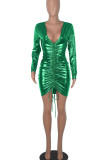 Vert Sexy Solide Patchwork Pli V Cou Une Étape Jupe Robes