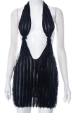 Black Sexy Solid Patchwork Backless Halter One Step Skirt Dresses