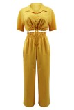 Yellow Casual Solid Frenulum Turndown Collar Short Sleeve Two Pieces