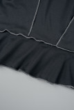 Темно-серый Повседневный Однотонный Пэчворк Ассиметричный С открытыми плечами Длинный рукав Из двух частей