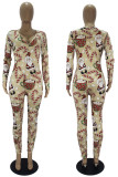 Khaki Casual Print Patchwork Buttons V Neck Skinny Jumpsuits