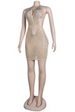 Apricot Sexy Patchwork Hot Drilling Bandage Backless Halter Sleeveless Dress Dresses