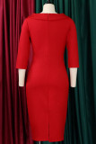 Rote, lässige, elegante, solide Patchwork-Kleider mit V-Ausschnitt und One-Step-Rock