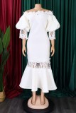 White Casual Solid Patchwork Off the Shoulder Long Dress Dresses