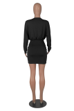 Burgundy Casual Solid Fold V Neck Waist Skirt Dresses