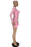 Розовые сексуальные сплошные лоскутные перья в сеточку с круглым вырезом и юбкой на один шаг платья