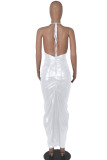 Blanco sexy sólido patchwork sin espalda pliegue halter un paso falda vestidos
