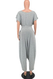 Grey Fashion Casual Solid Basic O Neck Harlan Jumpsuits