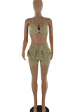 Khaki Sexy Street Solid Patchwork Pocket Backless Sleeveless Two Pieces
