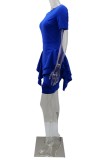 Blue Casual Solid Patchwork O Neck Short Sleeve Dress (Without Belt)