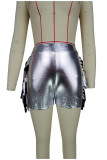 Silver Casual Street Solid Bronzing Tassel Patchwork High Waist Pencil Solid Color Bottoms