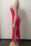 Розово-красное сексуальное однотонное бинтовое длинное платье с открытой спиной и разрезом на шее