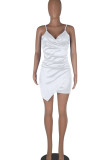 ホワイト セクシー ソリッド パッチワーク 非対称 スパゲッティ ストラップ スリング ドレス ドレス