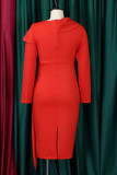 Tangerine Red Elegant Solid Patchwork Fold Asymmetrische Kleider mit asymmetrischem Kragen