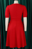 Red Casual Solid Patchwork With Bow O Neck A Line Dresses