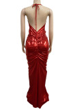 Rosen-rote reizvolle feste Patchwork-Halter-lange Kleid-Kleider