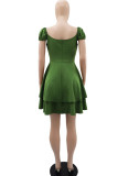Verde casual sólido patchwork frenillo cuello cuadrado una línea de vestidos