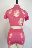 Pink Sexy Solid Hollowed Out Patchwork Half A Turtleneck Short Sleeve Two Pieces