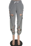 Grey Casual Street Solid Hollowed Out Patchwork Regular High Waist Pencil Solid Color Bottoms