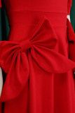 Tangerine Red Casual Solid Patchwork met strik O-hals A-lijn jurken