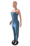 Baby Blue Fashion Casual Solid Backless Strapless Skinny Jumpsuits