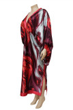 Rot Grau Casual Print Patchwork V-Ausschnitt Unregelmäßiges Kleid Plus Size Kleider