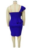 Blue Sexy Solid Backless Beading One Shoulder Sleeveless Dress Plus Size Dresses