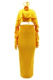Желтый сексуальный повседневный сплошной бинт в стиле пэчворк с открытой спиной и разрезом на бретельках без рукавов из двух частей